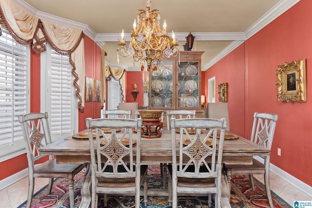 tiled dining area featuring a wealth of natural light, a notable chandelier, and ornamental molding