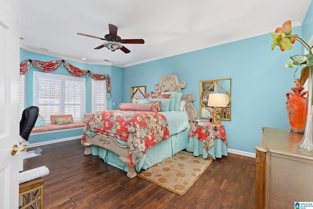 bedroom featuring ceiling fan, dark hardwood / wood-style floors, and ornamental molding