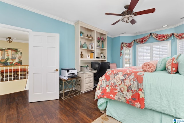 bedroom with ceiling fan, dark hardwood / wood-style flooring, and crown molding