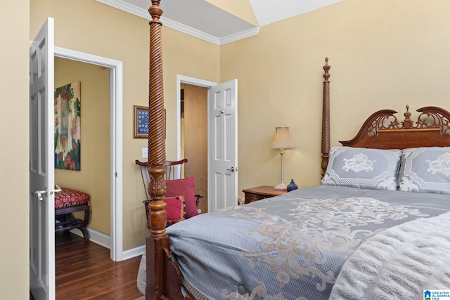 bedroom featuring dark hardwood / wood-style flooring and ornamental molding