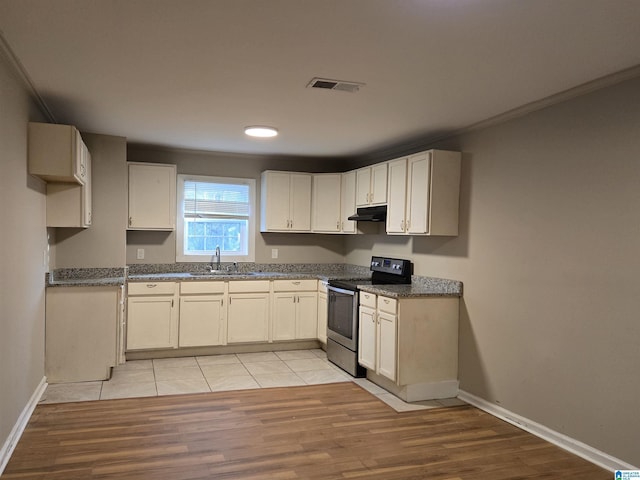 kitchen featuring light hardwood / wood-style floors, crown molding, electric stove, and sink