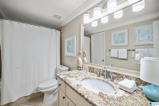 bathroom with crown molding, tile patterned flooring, vanity, and toilet