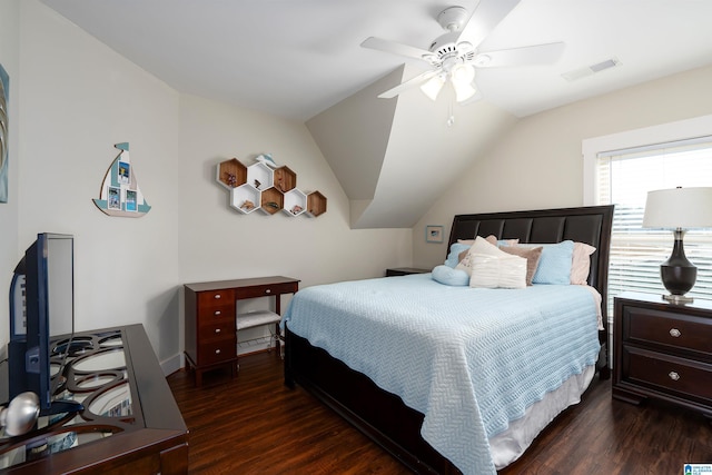 bedroom featuring dark wood-type flooring, ceiling fan, and lofted ceiling