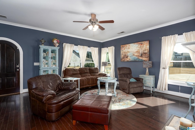 living room with dark hardwood / wood-style flooring, crown molding, and a wealth of natural light