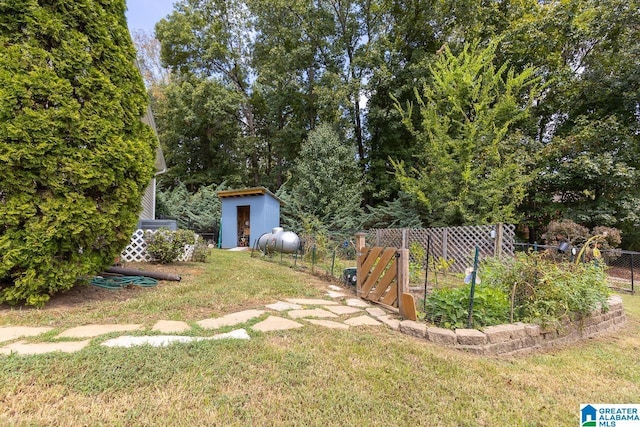 view of yard with a storage unit