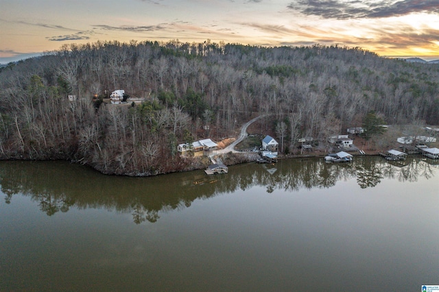 aerial view at dusk with a water view