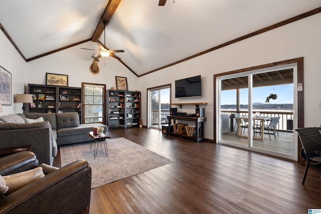 living room with lofted ceiling with beams, dark hardwood / wood-style flooring, and ceiling fan