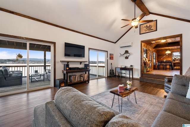 living room featuring a wall mounted AC, ceiling fan, dark hardwood / wood-style floors, and vaulted ceiling with beams