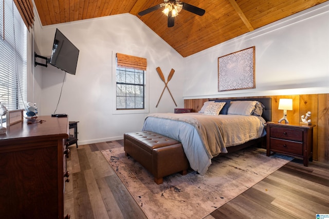 bedroom with vaulted ceiling, hardwood / wood-style flooring, ceiling fan, and wood ceiling