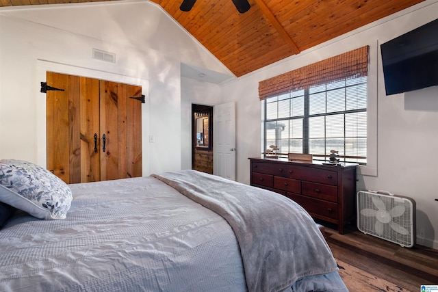 bedroom featuring hardwood / wood-style flooring, high vaulted ceiling, ceiling fan, and wood ceiling