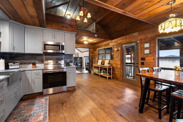 kitchen with decorative light fixtures, stainless steel appliances, wood walls, and wooden ceiling