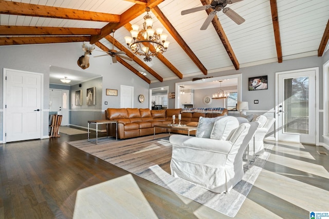 living room featuring beamed ceiling, wood-type flooring, and wood ceiling