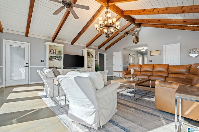 living room with beamed ceiling, ceiling fan with notable chandelier, wooden ceiling, and light hardwood / wood-style floors