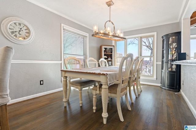 dining room featuring an inviting chandelier, ornamental molding, dark hardwood / wood-style floors, and a wealth of natural light