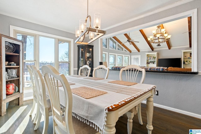 dining space featuring vaulted ceiling with beams, a notable chandelier, and dark wood-type flooring