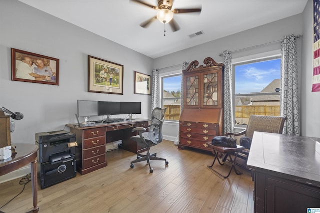 office area featuring ceiling fan and light hardwood / wood-style flooring