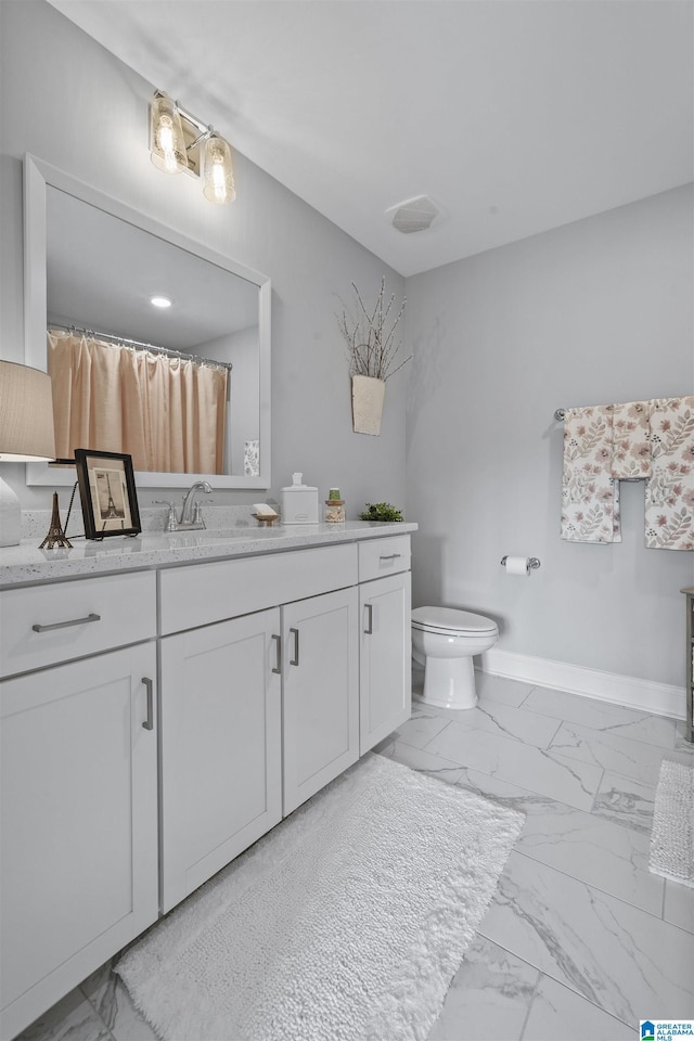 bathroom featuring toilet, vanity, and a shower with curtain