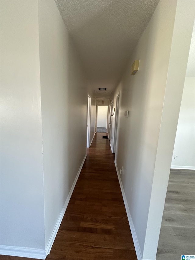 hall featuring dark hardwood / wood-style flooring and a textured ceiling