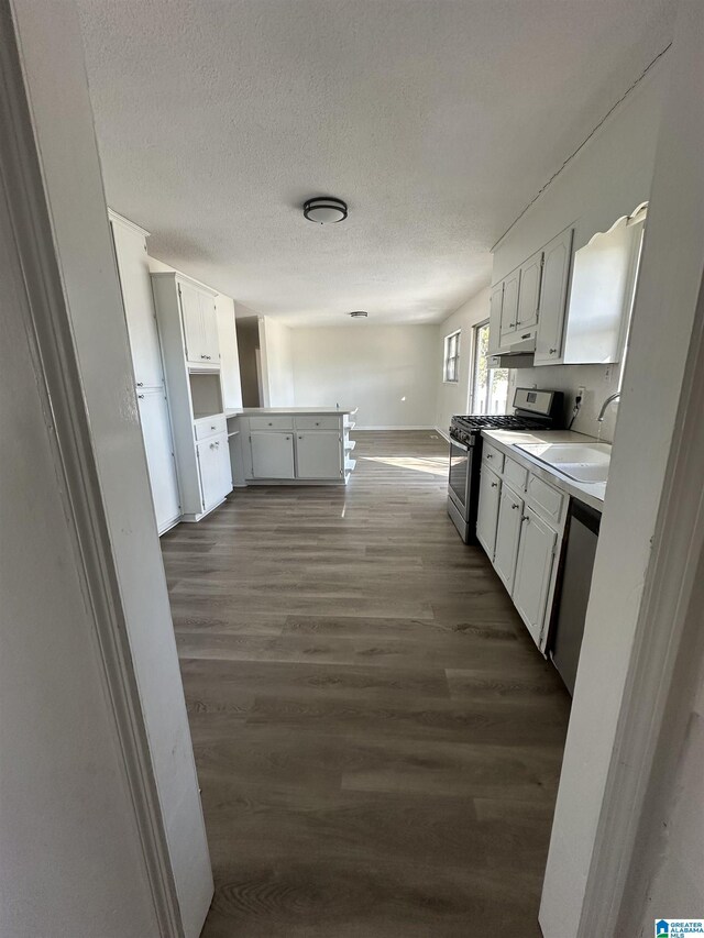 kitchen featuring a textured ceiling, white cabinets, dark wood-type flooring, stainless steel appliances, and sink