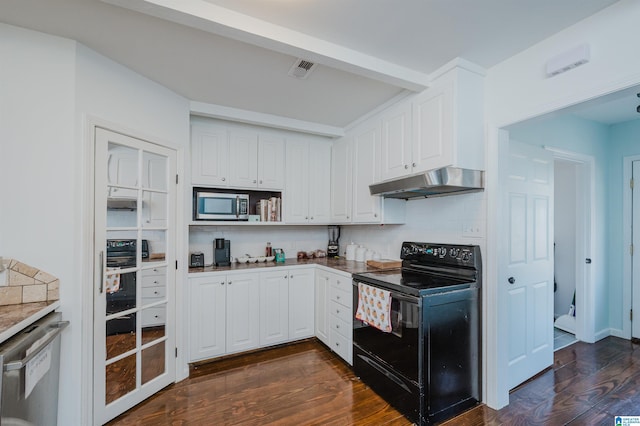 kitchen featuring black appliances, white cabinetry, and tasteful backsplash