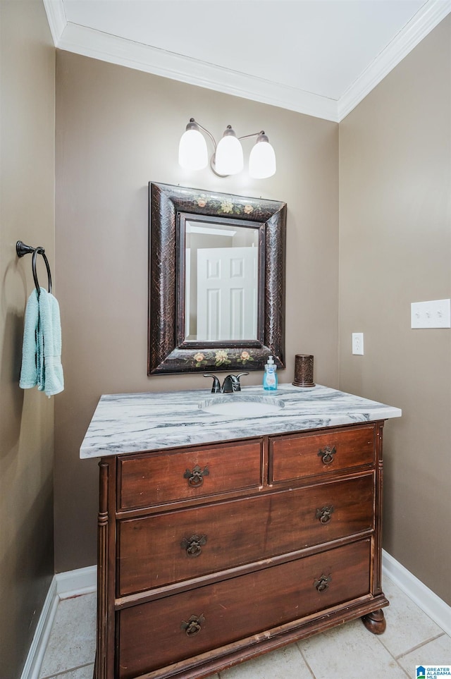 bathroom with tile patterned floors, crown molding, and vanity