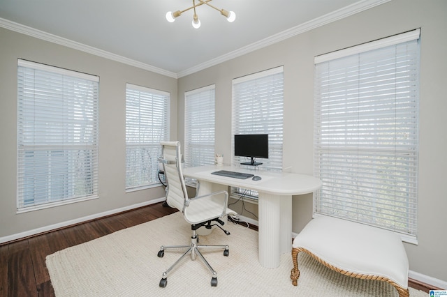 home office with dark hardwood / wood-style flooring, a chandelier, and ornamental molding