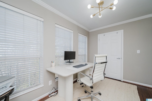 office featuring a chandelier, hardwood / wood-style flooring, and crown molding