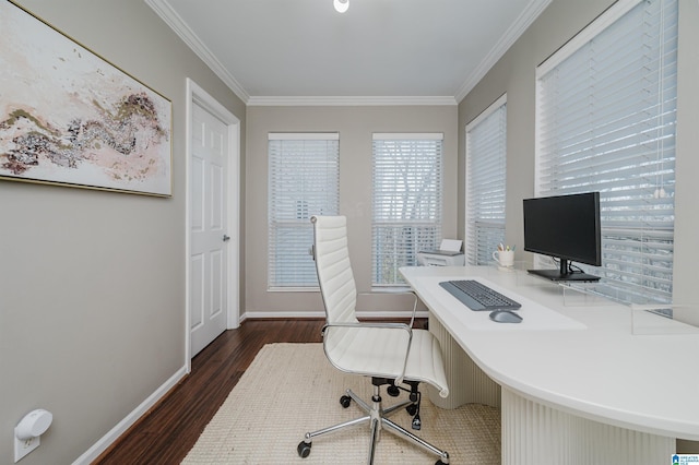 office space with ornamental molding and dark wood-type flooring