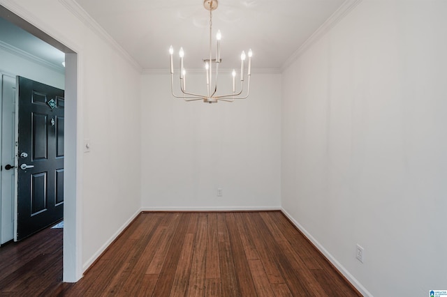 unfurnished dining area featuring a notable chandelier, dark hardwood / wood-style flooring, and ornamental molding