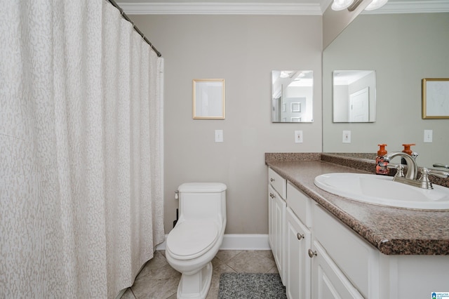 bathroom featuring toilet, vanity, tile patterned floors, and ornamental molding