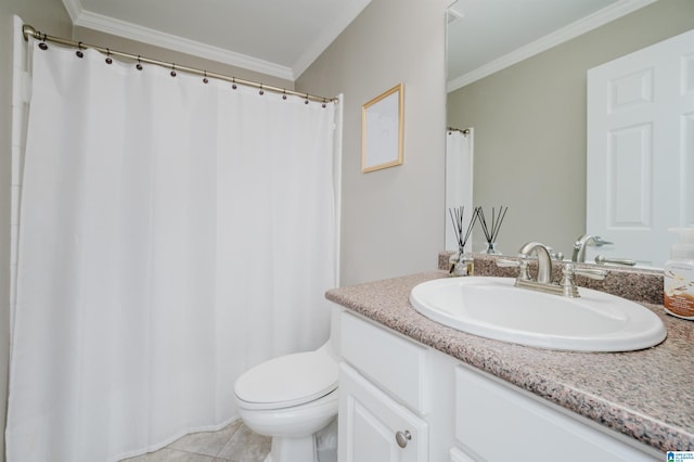 bathroom featuring tile patterned floors, vanity, toilet, and crown molding