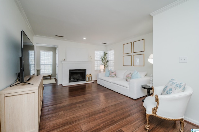 living room featuring dark hardwood / wood-style floors and crown molding