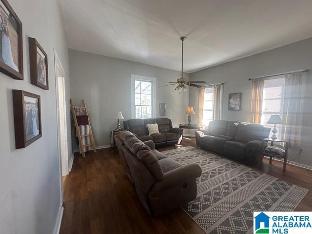 living room with hardwood / wood-style flooring and ceiling fan