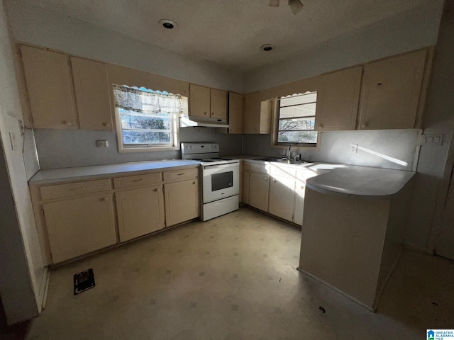 kitchen with sink, kitchen peninsula, white electric stove, and plenty of natural light