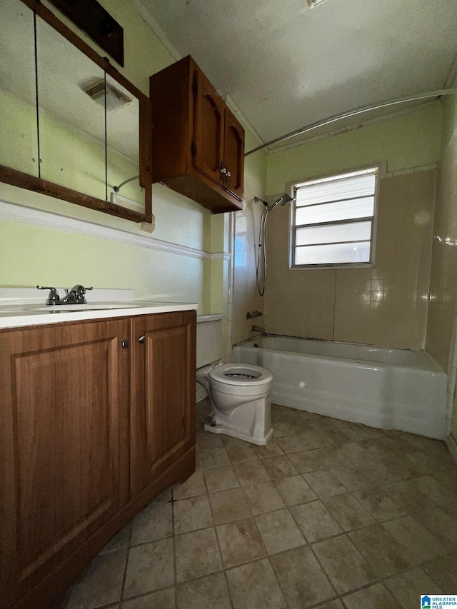 full bathroom featuring toilet,  shower combination, and vanity