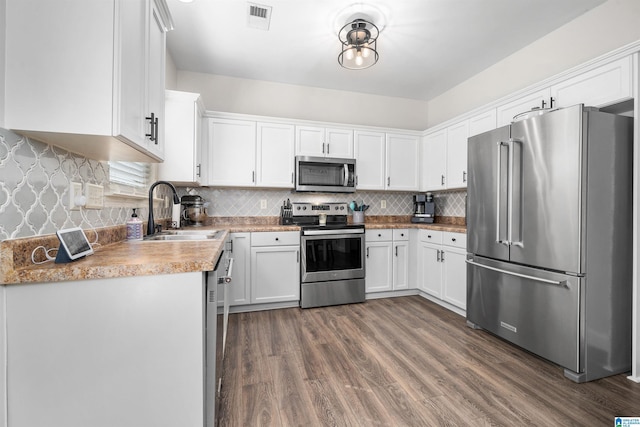 kitchen featuring backsplash, sink, dark hardwood / wood-style flooring, white cabinetry, and stainless steel appliances