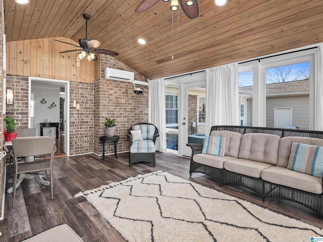 living room with wooden ceiling, vaulted ceiling, a wall unit AC, brick wall, and dark hardwood / wood-style flooring