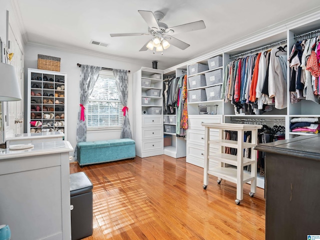 walk in closet with hardwood / wood-style floors and ceiling fan