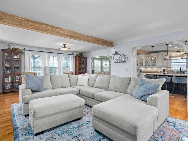 living room with beam ceiling, light wood-type flooring, and crown molding