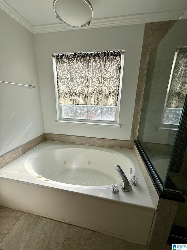 bathroom featuring tile patterned floors, a bathtub, and crown molding