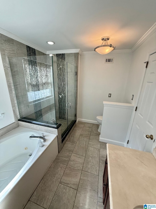 full bathroom with vanity, plus walk in shower, crown molding, tile patterned flooring, and toilet