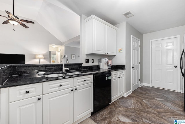 kitchen with vaulted ceiling, ceiling fan, white cabinets, black dishwasher, and sink