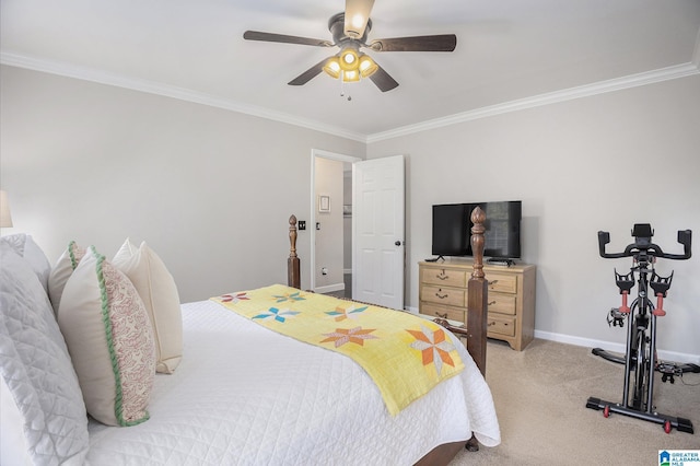 bedroom with light carpet, ceiling fan, and ornamental molding