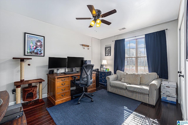 office area featuring dark wood-type flooring and ceiling fan