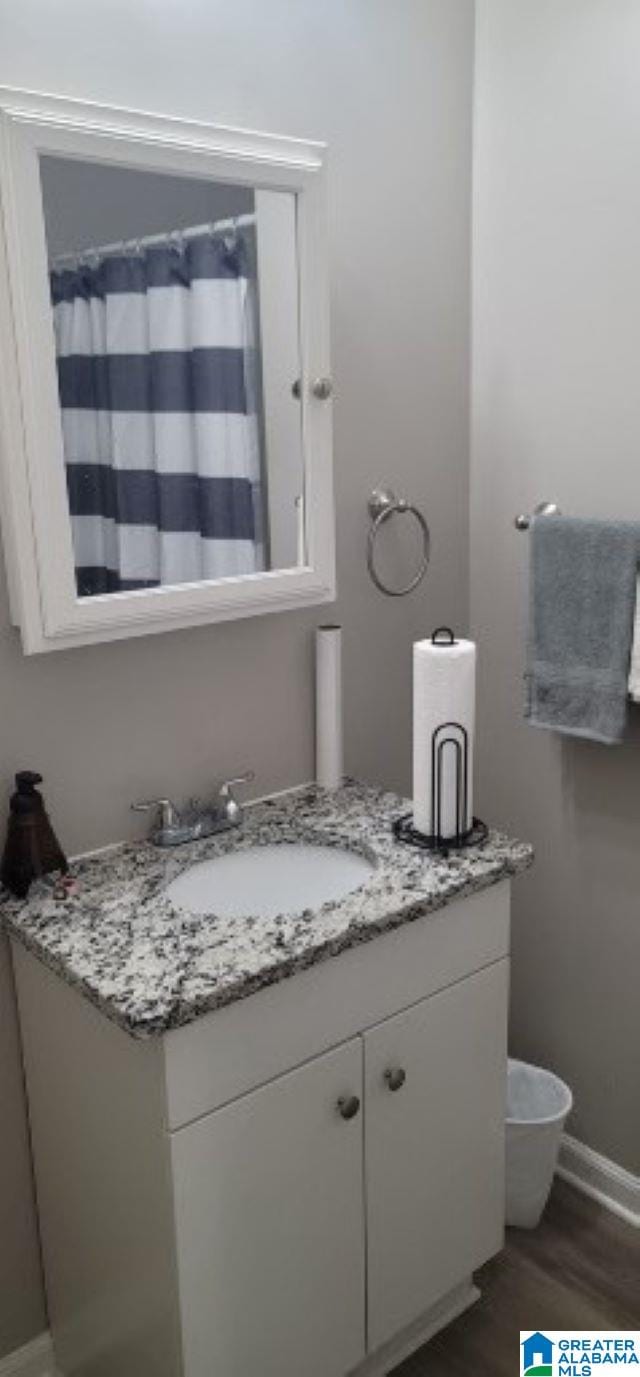 bathroom featuring vanity and wood-type flooring