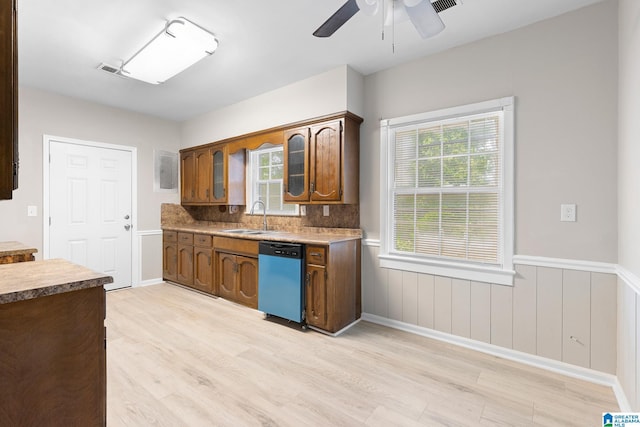 kitchen with dishwasher, backsplash, sink, ceiling fan, and light wood-type flooring