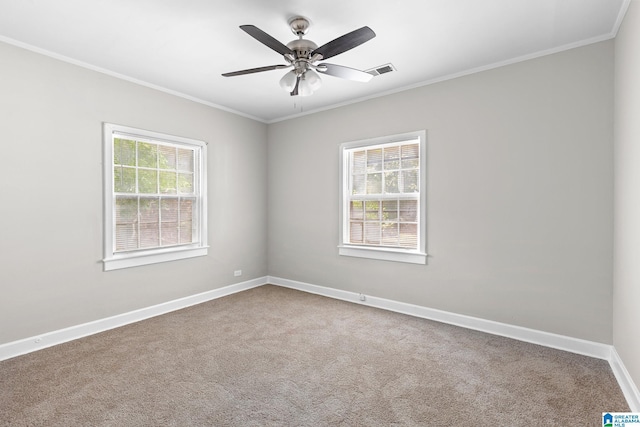 carpeted spare room with ceiling fan and crown molding