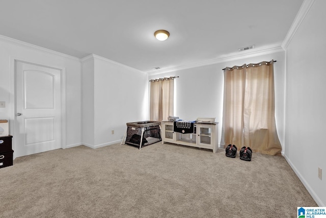 miscellaneous room featuring light colored carpet and ornamental molding