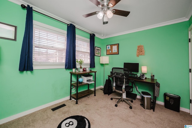 office with light carpet, ornamental molding, and ceiling fan