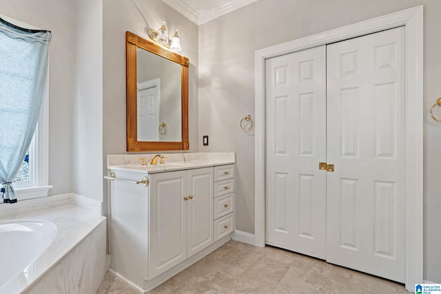 bathroom with vanity, tiled bath, and ornamental molding